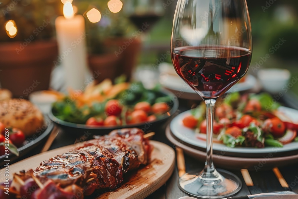 A table with a variety of food and a wine glass