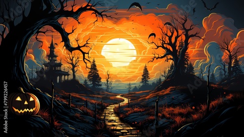 A dark and stormy night. A full moon shines through the clouds. A jack-o'-lantern sits on the side of a dirt road. A haunted house looms in the distance.