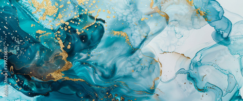 Ethereal turquoise marble ink meanders serenely through a captivating abstract scene, adorned with delicate glitters.