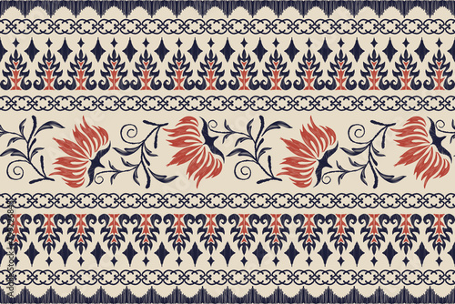 Ethnic Floral pattern seamless embroidery white background. Ikat red maroon flower motif traditional. Aztec  Tribal style abstract vector illustration vintage design for print template. photo