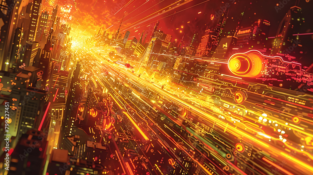 An abstract, cyberpunk-inspired cityscape pulsing with neon light trails and digital elements An abstract, cyberpunk-inspired cityscape pulsing with neon light trails and digital elements