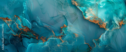 Ethereal turquoise marble ink meanders serenely through a captivating abstract scene  adorned with delicate glitters in shades of turquoise and teal.