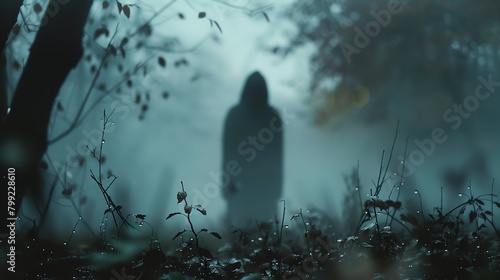 A dark figure stands in the middle of a foggy forest photo
