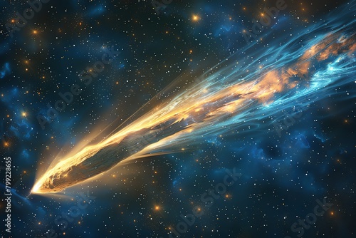A comet hurtles through space, its tail trailing behind it like a ribbon of fire photo