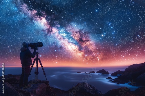 A photographer sets up a camera on a tripod to take a picture of the night sky