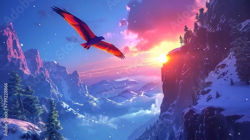 A majestic bald eagle soars above snow-capped mountains at sunrise photo