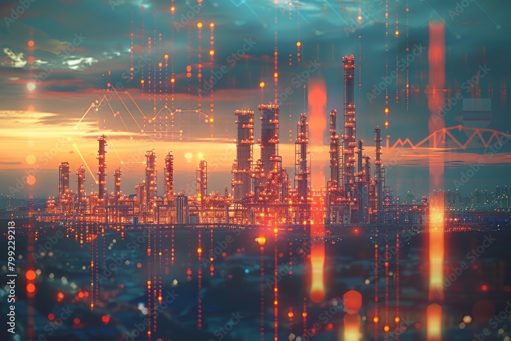 Fototapeta premium A city skyline with a sunset in the background