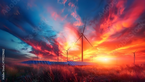 Sunset with wind turbines solar panels and battery energy storage system. Concept Sunset, Wind Turbines, Solar Panels, Battery Energy Storage System