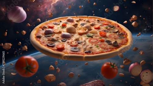 Pizza is in space, and various ingredients—such as onions, sausages, tomatoes, and mushrooms—are flying around it. The artwork was created using generative AI.