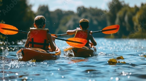Two boys kayaking on the river. Active happy friends, teenage schoolboys, having fun together enjoying adventurous experience with kayak on a sunny day during summer vacation © Ahtesham