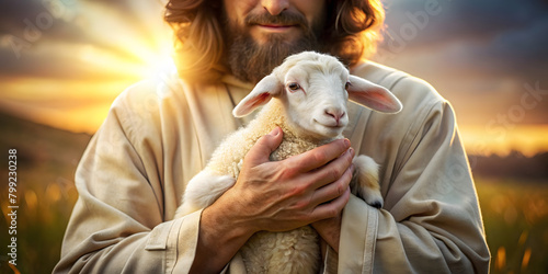 Jesus with a sheep, carrying it in his arms. Biblical story concept theme.background photo