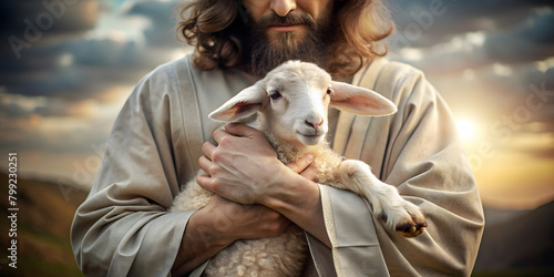 Jesus with a sheep, carrying it in his arms. Biblical story concept theme.background