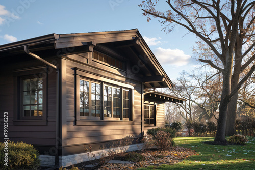Side angle of a rich chocolate brown craftsman cottage with a saltbox roof, during a bright sunny day, where the stark light contrasts with the deep, warm tones of the home.