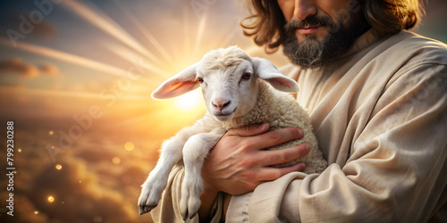 Jesus with a sheep, carrying it in his arms. Biblical story concept theme.background