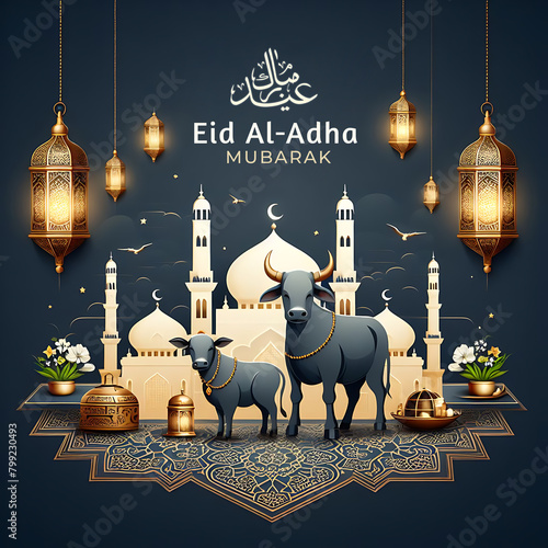 Ramadan Eid, Lantern Islamic, Eid al Adha, Elegant design, Festival of sacrifice, Happy Eid Ul Adha poster,Arabic Islamic calligraphy of text Eid Adha Mubarak with cow