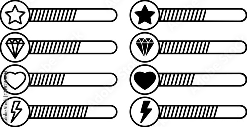 Gaming Bar Icons. Black and White Vector Icon of Progress Indicators in Games. Computer Games Concept