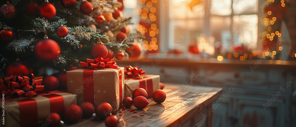 Christmas tree with a pile of wrapped gifts against the background of a defocused kitchen with Christmas decorations on a sunny day. Christmas Christmas tree with a pile of wrapped gifts against the background of a defocused kitchen with Christmas decorations on a sunny day. Christmas