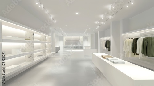 Modern minimalist clothing store interior with bright lighting and clean shelves