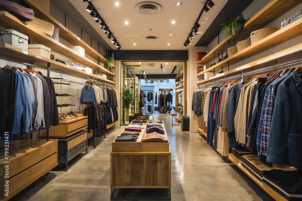 Obraz premium Modern boutique interior with clothes on racks and elegant lighting, creating a high-end shopping atmosphere. Generative AI