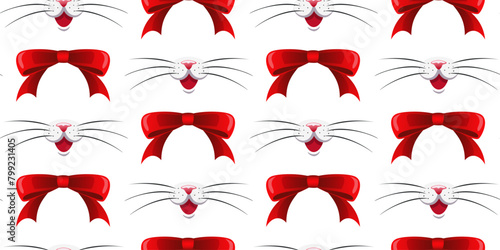 Red bows and a pink cats nose with long whiskers on a white background. Seamless pattern with red ribbons and animal nose. For fabric, wallpaper, wrapping paper, holiday packaging. Vector illustration photo