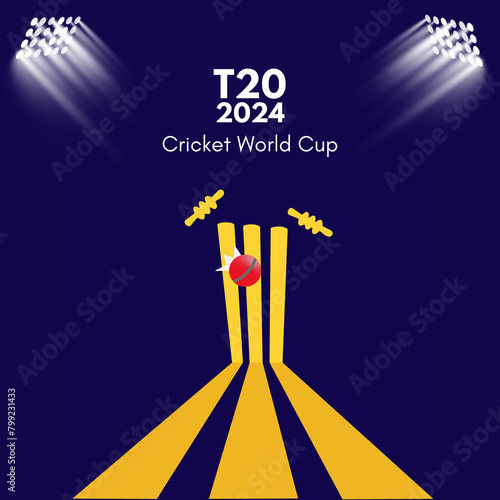 Cricket Match Concept With Red Ball Hitting Wicket Stamp On Blue And Yellow Background. cricket bat and ball for a sports game stock vector illustration isolated on a blue background