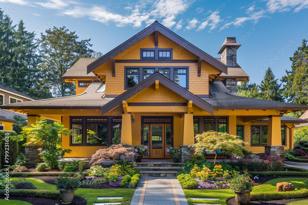 The facade of a radiant sunshine yellow craftsman cottage style house, with a triple pitched roof, elegant landscaping, a direct path, and distinctive curb appeal, reflecting joy and modernity.