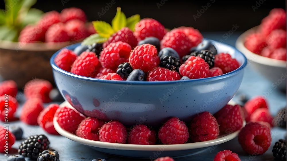 A close-up of a mouthwatering bowl of fresh, sweet, ripe, organic red raspberries with blue liquid milk in the center of the table, accompanied by other berries of various varieties sitting on the tab A close-up of a mouthwatering bowl of fresh, sweet, ripe, organic red raspberries with blue liquid milk in the center of the table, accompanied by other berries of various varieties sitting on the tab