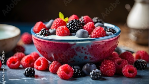 A close-up of a mouthwatering bowl of fresh  sweet  ripe  organic red raspberries with blue liquid milk in the center of the table  accompanied by other berries of various varieties sitting on the tab