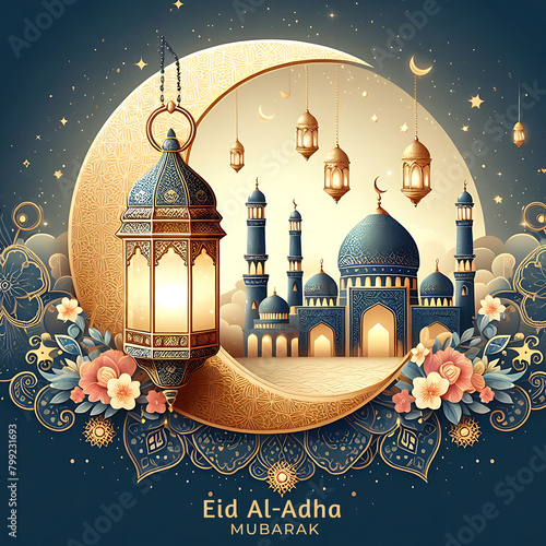 Ramadan Eid, Lantern Islamic, Eid al Adha, Elegant design, Festival of sacrifice, Happy Eid Ul Adha poster,Arabic Islamic calligraphy of text Eid Adha Mubarak