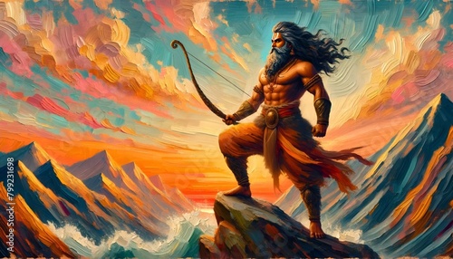 Illustration of majestic lord parshuram standing on a mountain with axe.