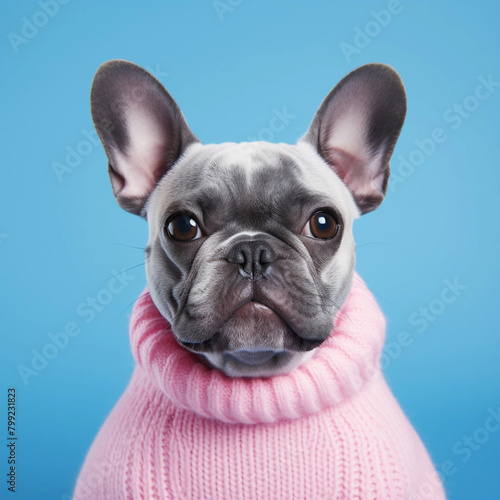 french bulldog portrait wearing a blue shirt