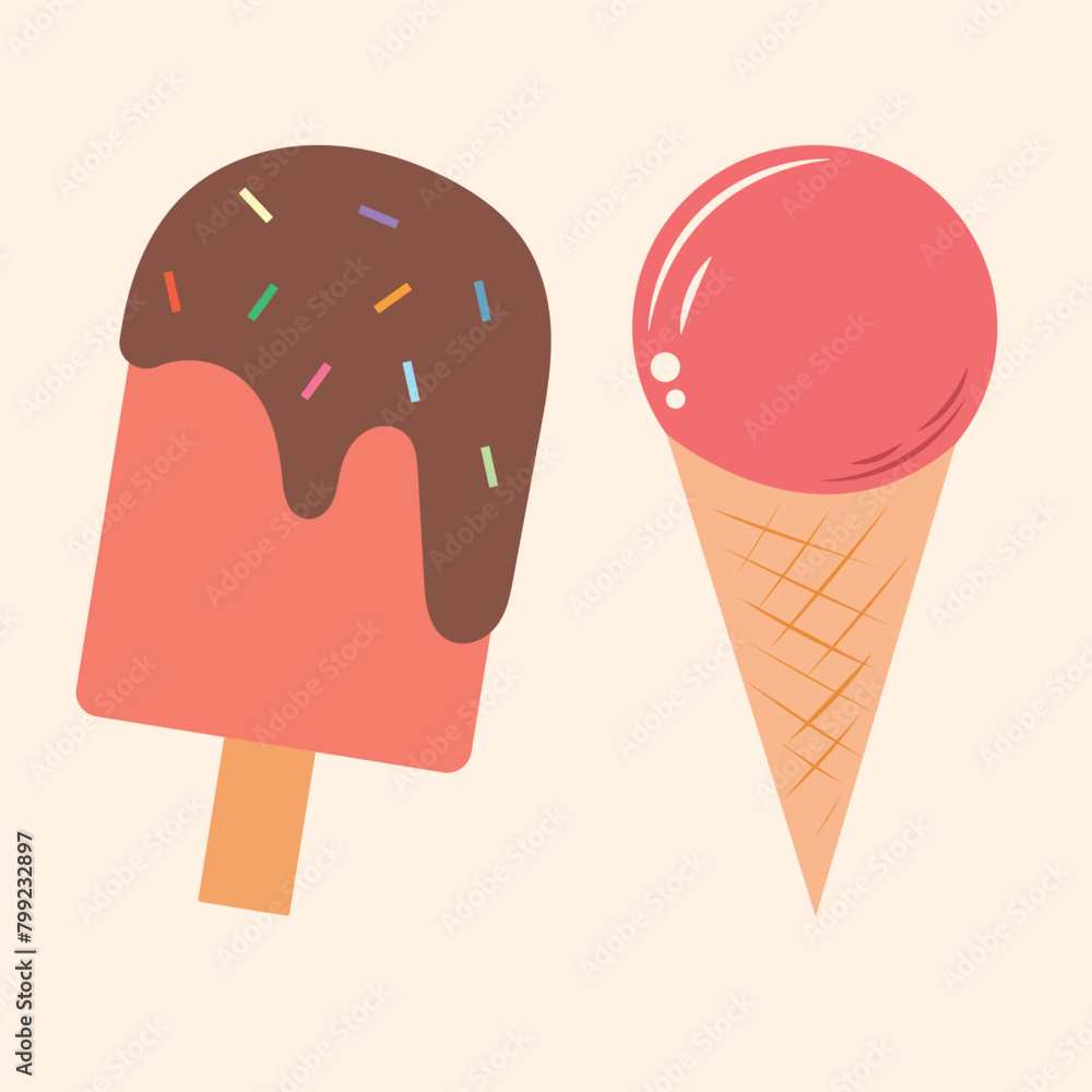 Vector ice cream with chocolate and waffle Vector ice cream with chocolate and waffle