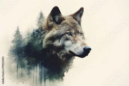 double exposure of a portrait of a wolf. 