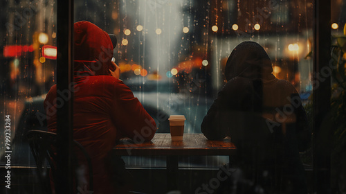 Through Window at Couple Drinking Coffee on Rainy Day at Outdoor AI generation