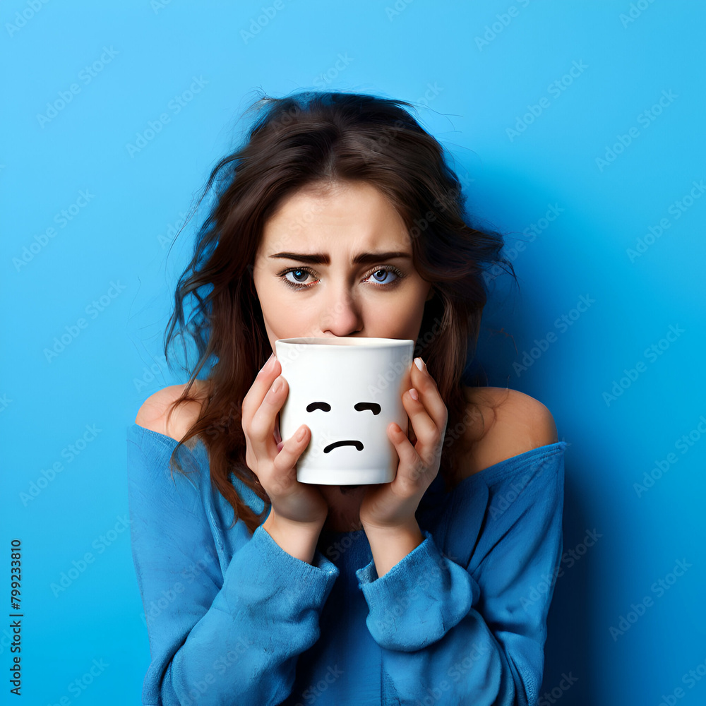 woman hands holding coffee cup with sad face drawn on coffee on blue background, generate ai woman hands holding coffee cup with sad face drawn on coffee on blue background, generate ai