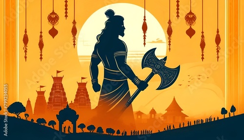 Illustration of lord parshuram silhouette holding an axe for parshuram jayanti celebration.