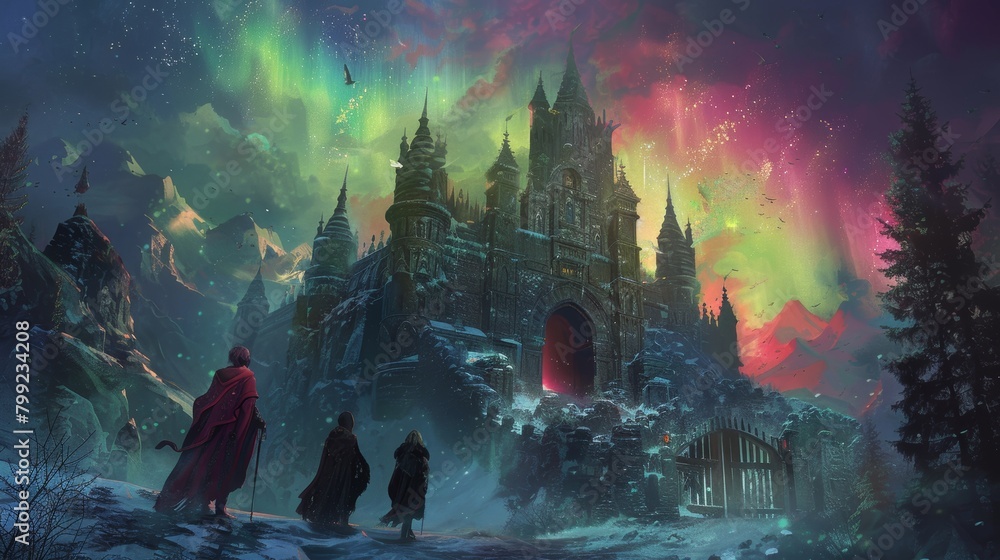 Mystical Castle Entrance with Aurora Sky Generative AI