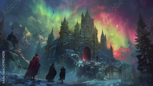 Mystical Castle Entrance with Aurora Sky Generative AI