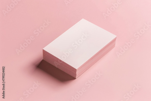 Stack of blank pale pink business cards mockup on a matching pink background, presenting a simple yet elegant template for customization and branding