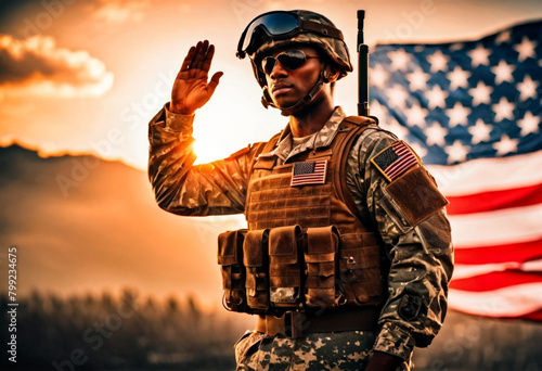 USA army soldier saluting on a background of sunset or sunrise and USA flag. Greeting card for Veterans Day, Memorial Day, Independence Day.