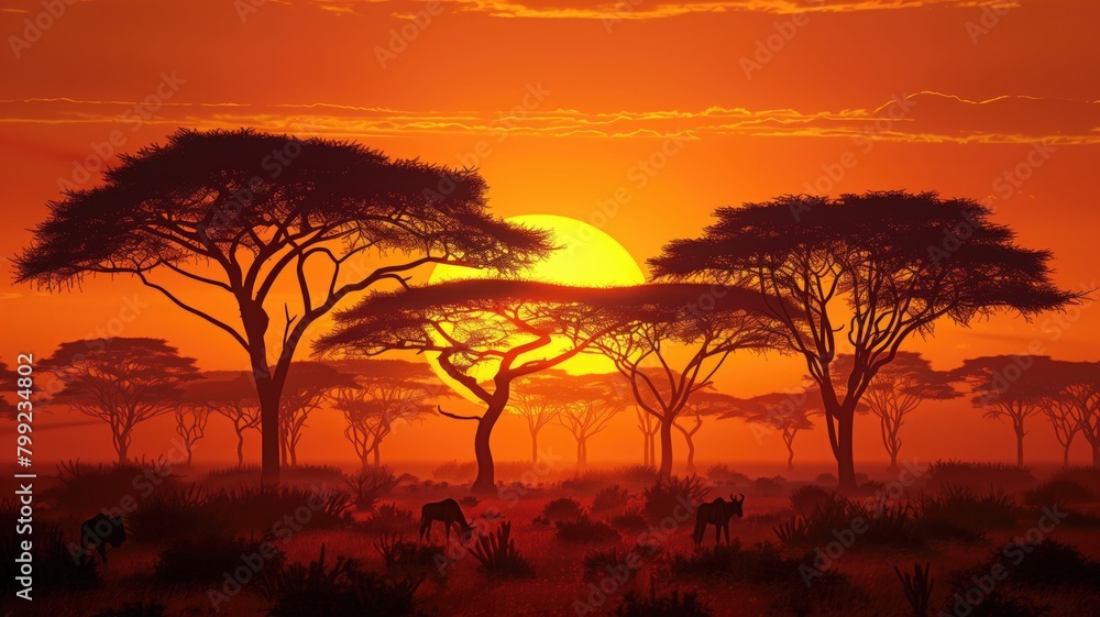 African savannah at sunset with acacia trees and wildlife.