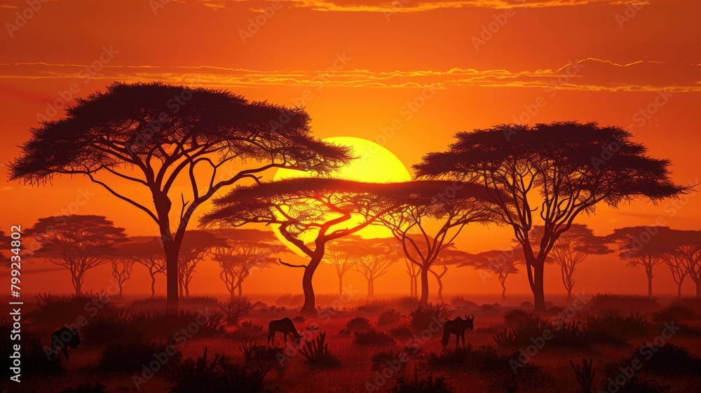African savannah at sunset with acacia trees and wildlife. African savannah at sunset with acacia trees and wildlife.