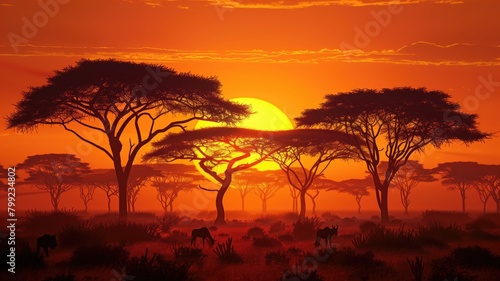 African savannah at sunset with acacia trees and wildlife.