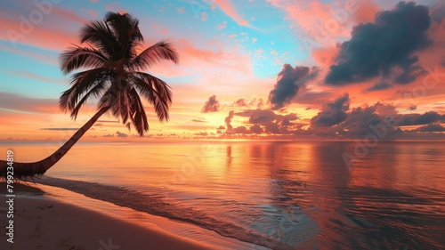 Palm tree leaning over a calm beach at sunset.