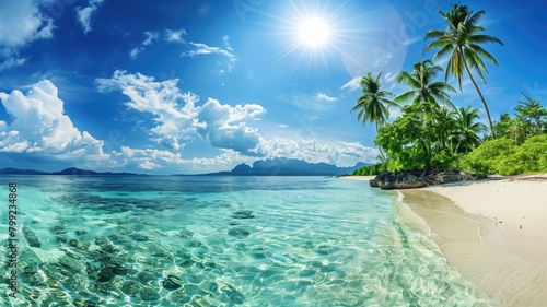 Tropical beach panorama with clear waters.