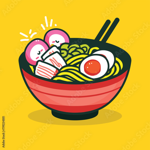 Colorful cartoon bowl of ramen with chopsticks, noodles, egg, and vegetables.