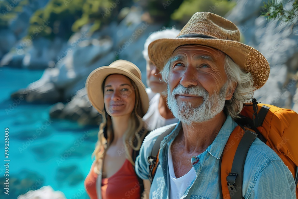 A group of elderly people during an excursion to the excavations of ancient ruins. Smiling seniors explore ancient ruins, their curiosity shining through.