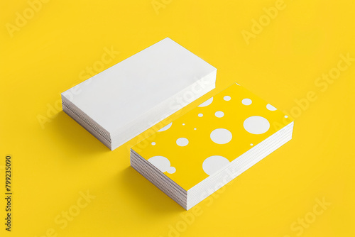Two stacks of business cards, one with a clean white background and the other with a yellow polka dot pattern on a bright yellow background. Mockup for a creative presentation