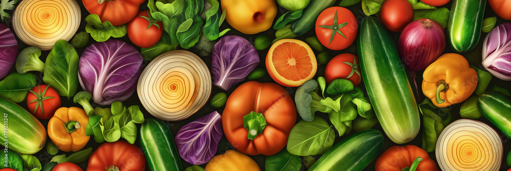 An array of colorful vegetables including onions, peppers, and purple cabbage, symbolizing healthy lifestyle choices