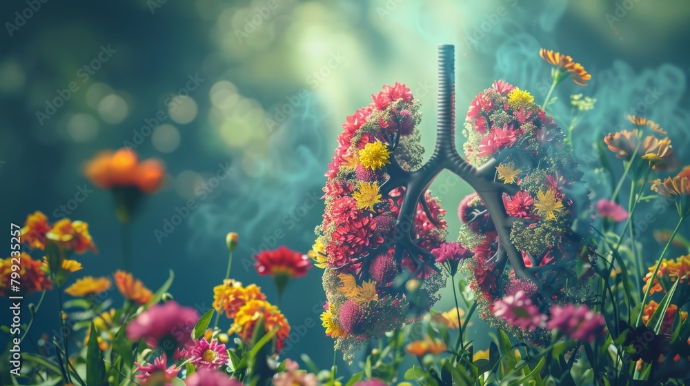 Vibrant Flowers Surrounding a Lung, Symbolizing Life and Vitality Generative AI